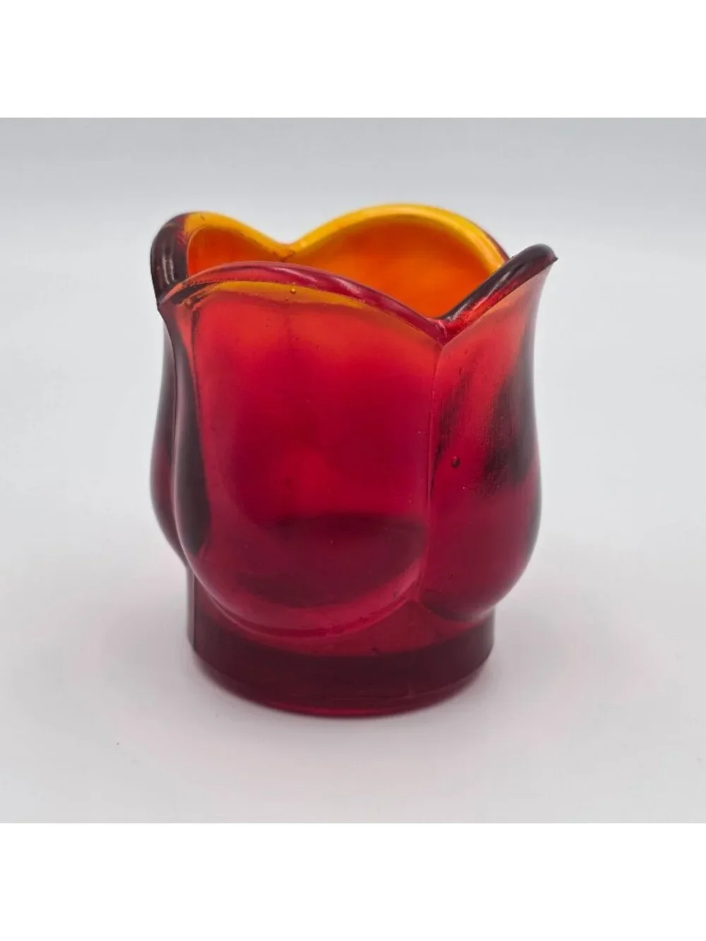 Vintage Glass Tulip Candle Holder Votive Red Orange Cadmium  70s